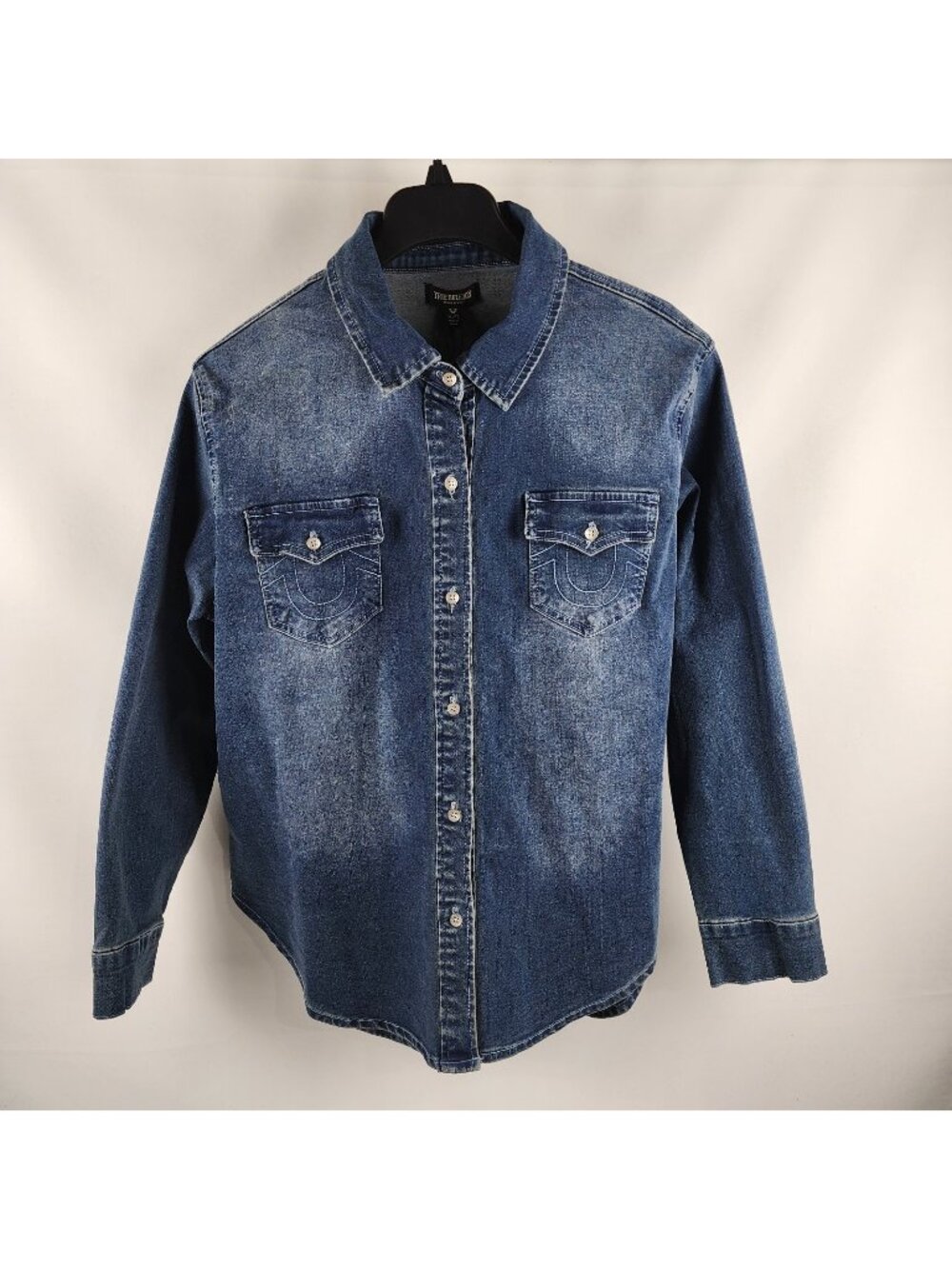 True Religion Shirt Womens XL Blue Georgia Denim Glitter L/S Button Up NWT
